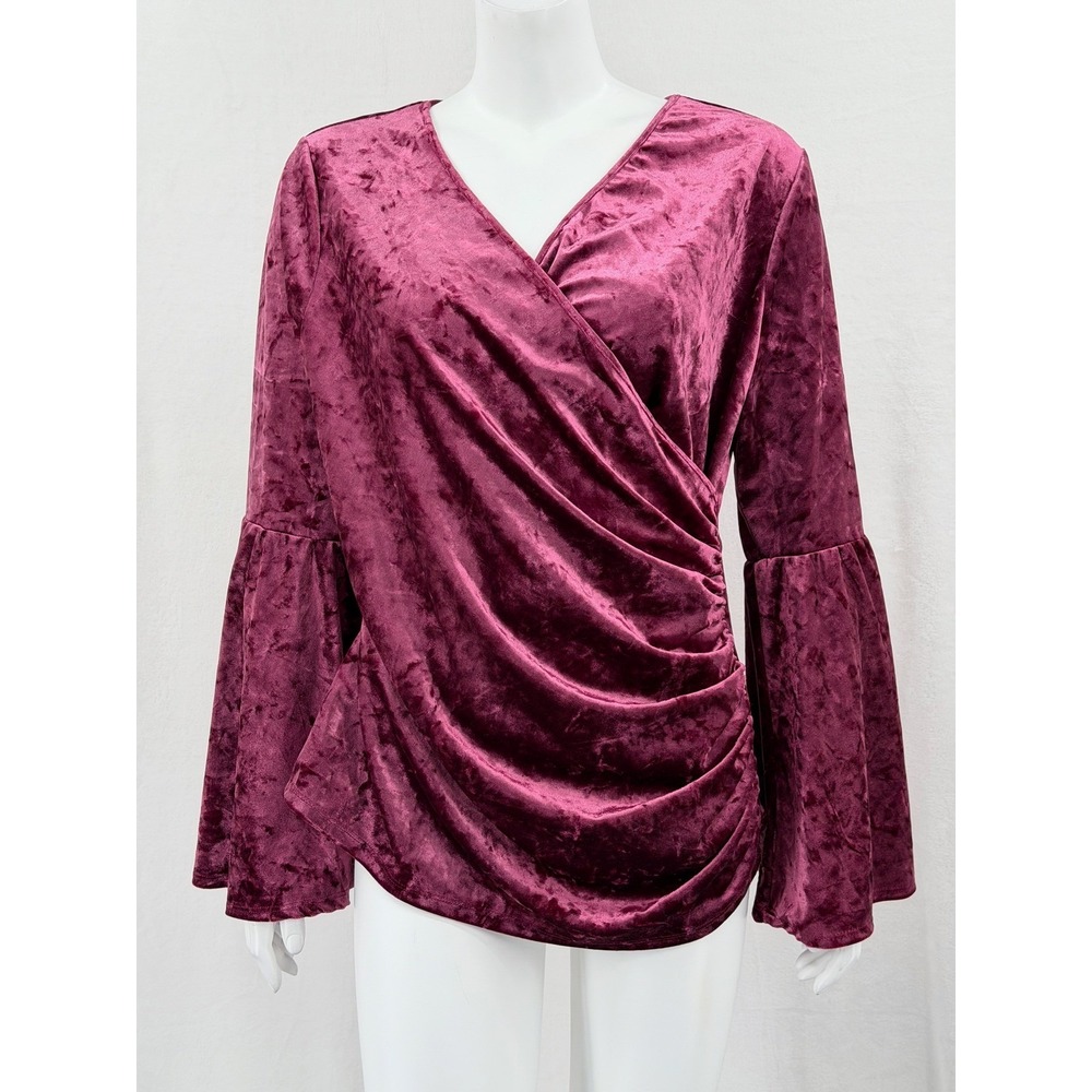 Venus Top Women XL Burgundy Crushed Velvet V-Neck Bell Sleeve Whimsigoth Holiday